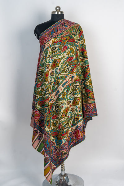 Kalamkari Shawl: Hand-Embroidered Sozni Merino Wool Shawl in Multicolor Delight