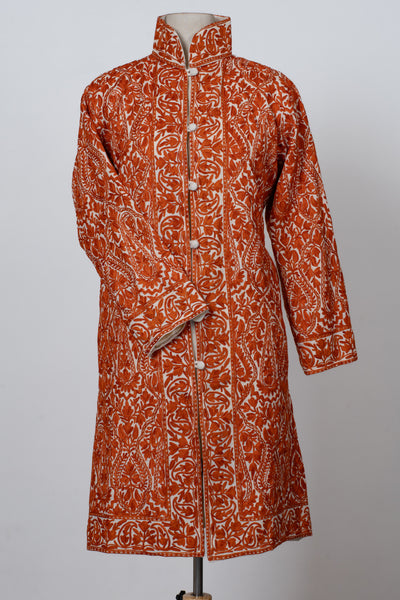 Kesar Aura: Aari Embroidered Long Jacket in Fiery Saffron