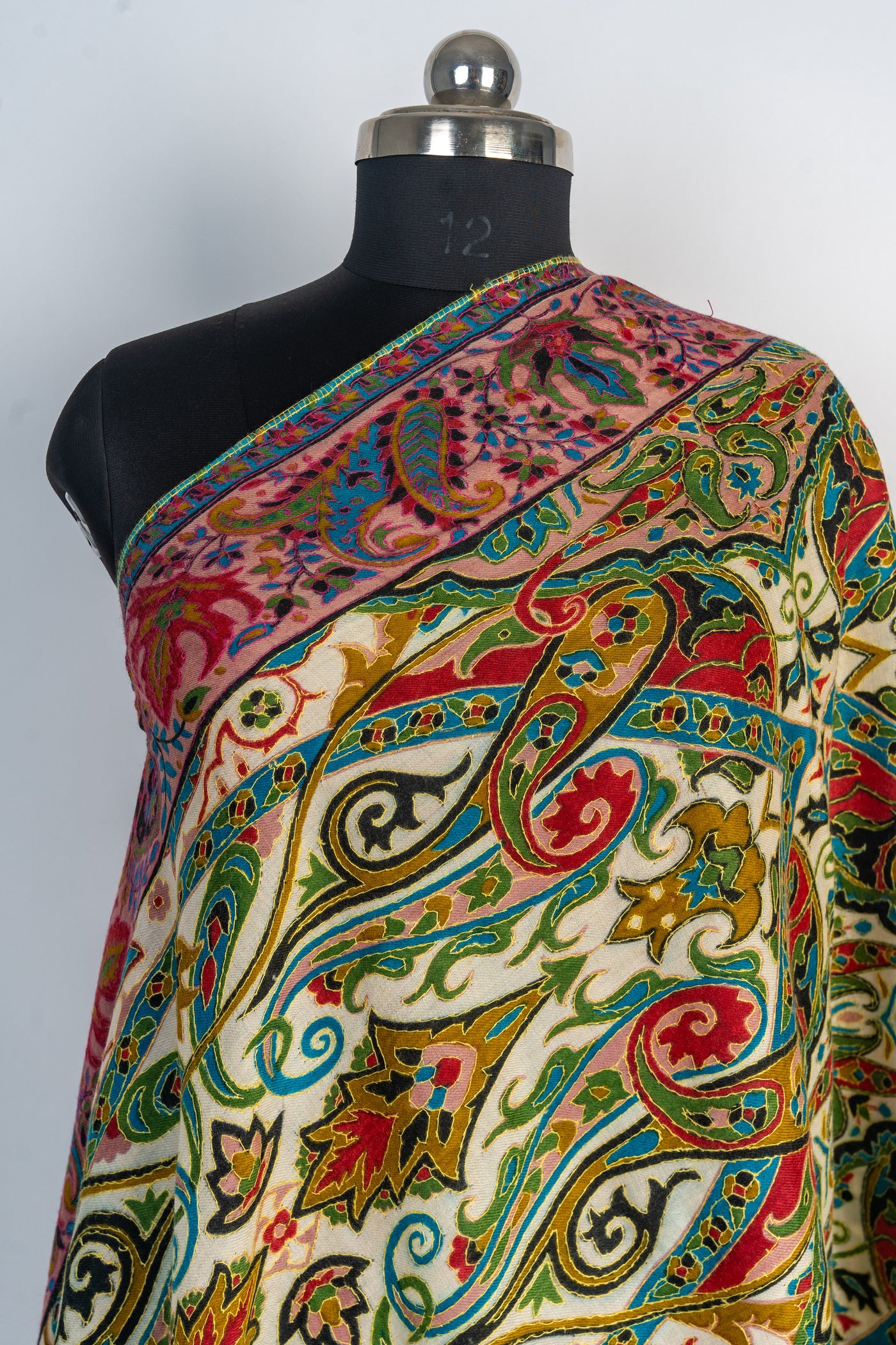 Kalamkari Shawl: Hand-Embroidered Sozni Merino Wool Shawl in Multicolor Delight