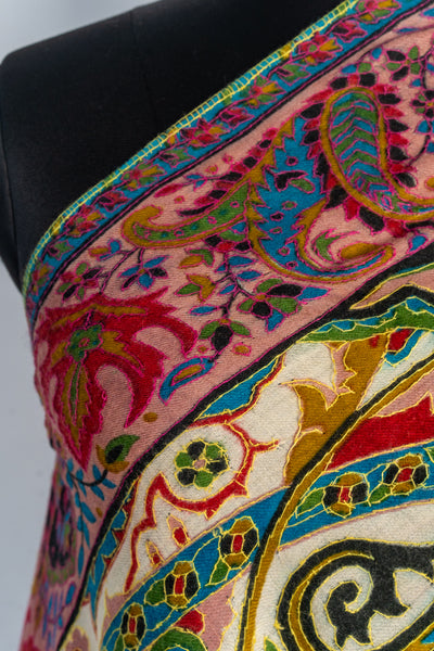 Kalamkari Shawl: Hand-Embroidered Sozni Merino Wool Shawl in Multicolor Delight