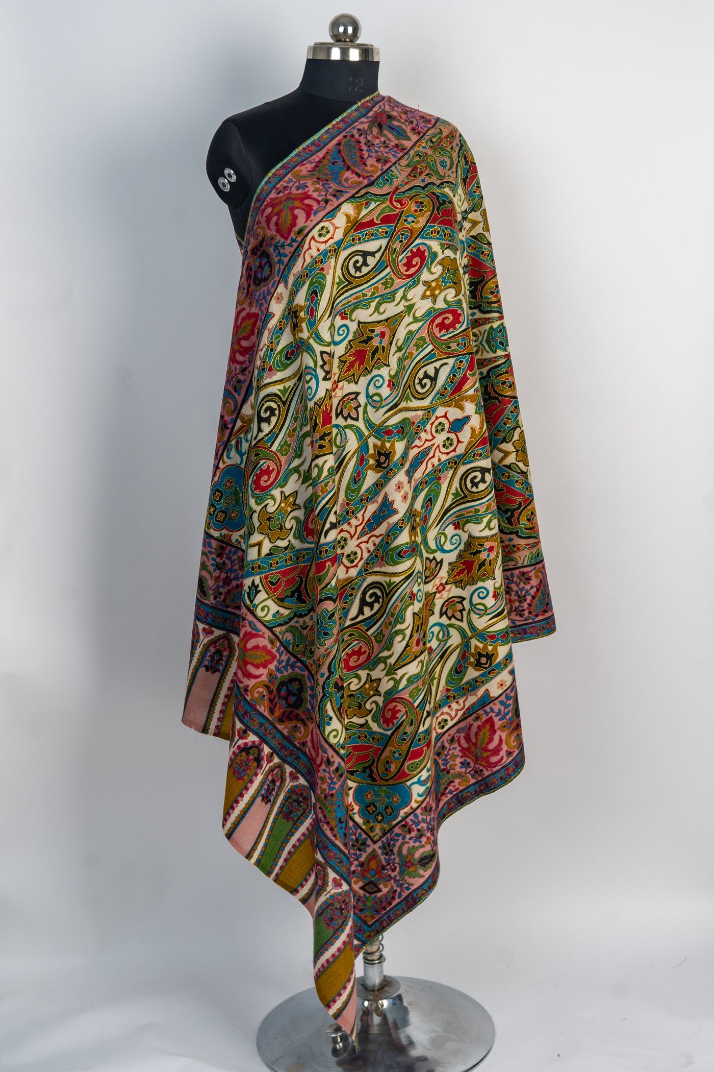 Kalamkari Shawl: Hand-Embroidered Sozni Merino Wool Shawl in Multicolor Delight