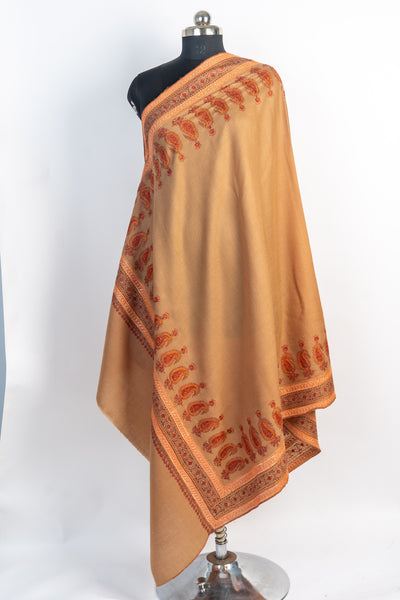 Autumn Warmth: Hand-Embroidered Sozni Paisley Merino Wool Shawl in Honey Brown