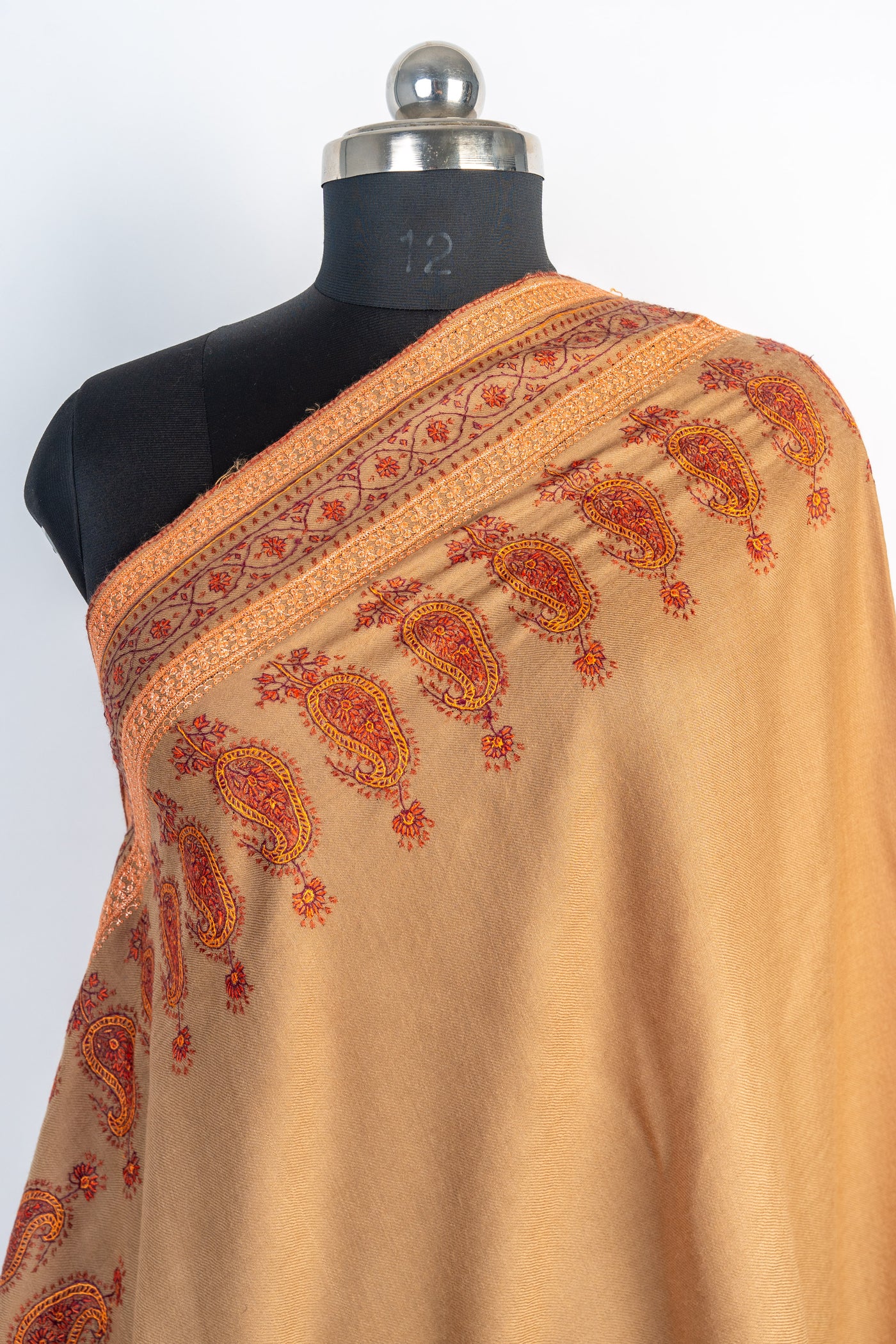 Autumn Warmth: Hand-Embroidered Sozni Paisley Merino Wool Shawl in Honey Brown