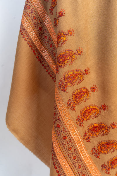 Autumn Warmth: Hand-Embroidered Sozni Paisley Merino Wool Shawl in Honey Brown