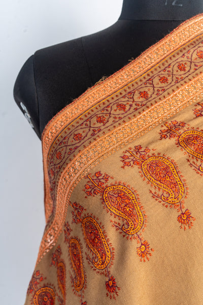 Autumn Warmth: Hand-Embroidered Sozni Paisley Merino Wool Shawl in Honey Brown