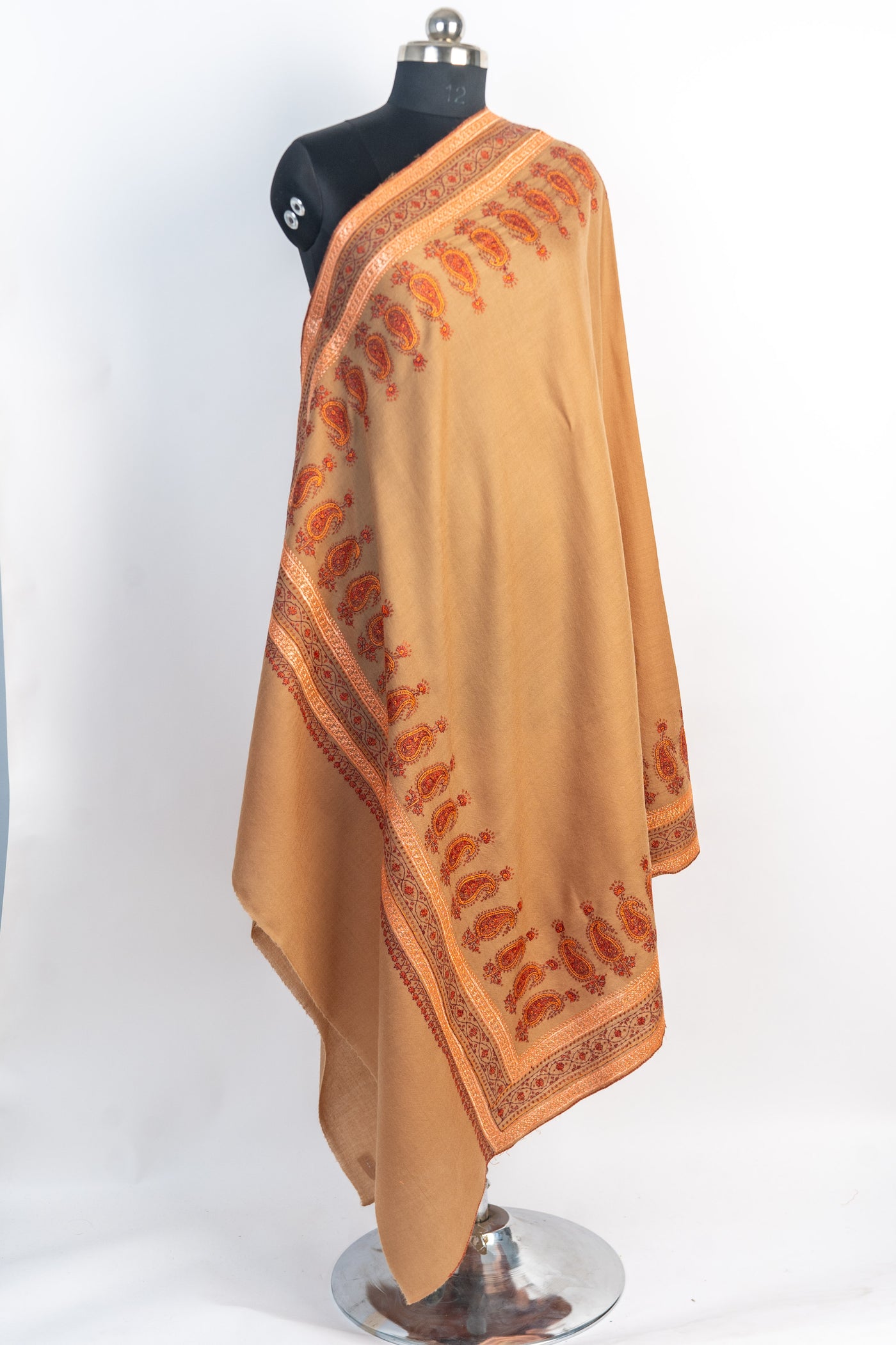 Autumn Warmth: Hand-Embroidered Sozni Paisley Merino Wool Shawl in Honey Brown