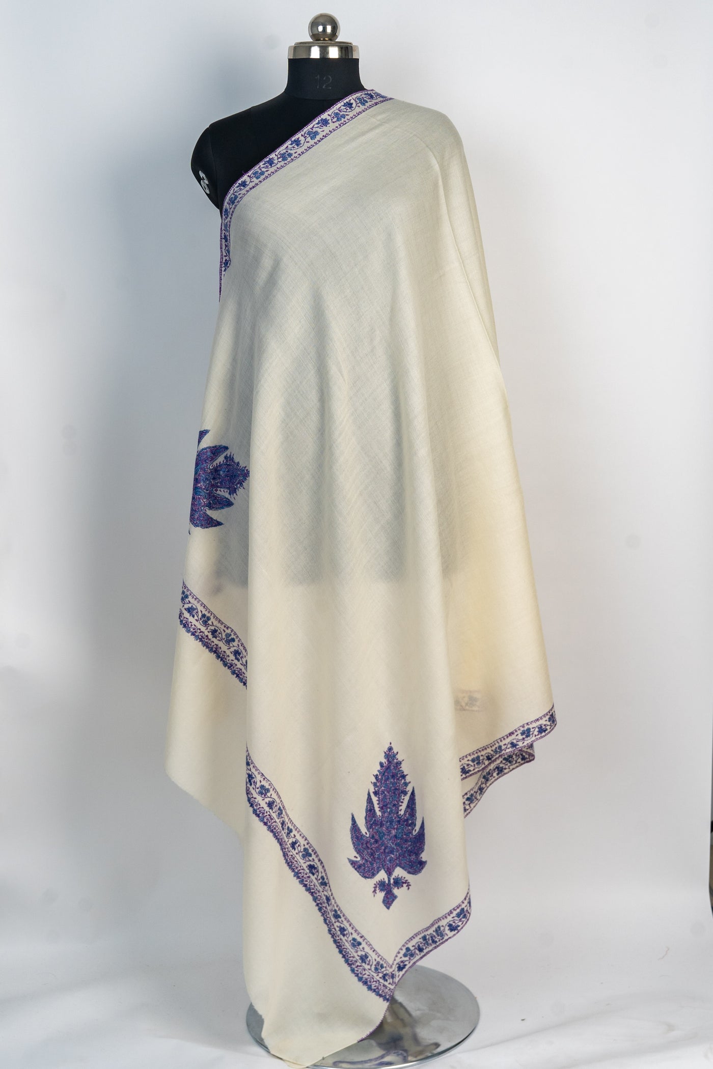 Ivory Majesty: Hand-Embroidered Sozni Merino Wool Shawl with Purple Motifs