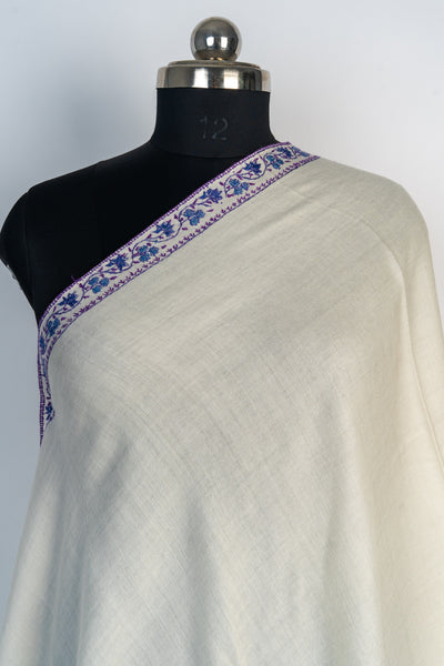 Ivory Majesty: Hand-Embroidered Sozni Merino Wool Shawl with Purple Motifs