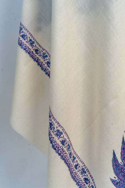 Ivory Majesty: Hand-Embroidered Sozni Merino Wool Shawl with Purple Motifs