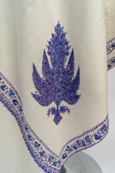 Ivory Majesty: Hand-Embroidered Sozni Merino Wool Shawl with Purple Motifs