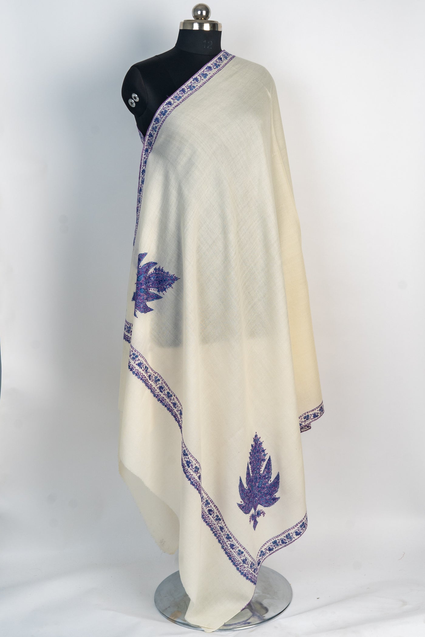 Ivory Majesty: Hand-Embroidered Sozni Merino Wool Shawl with Purple Motifs