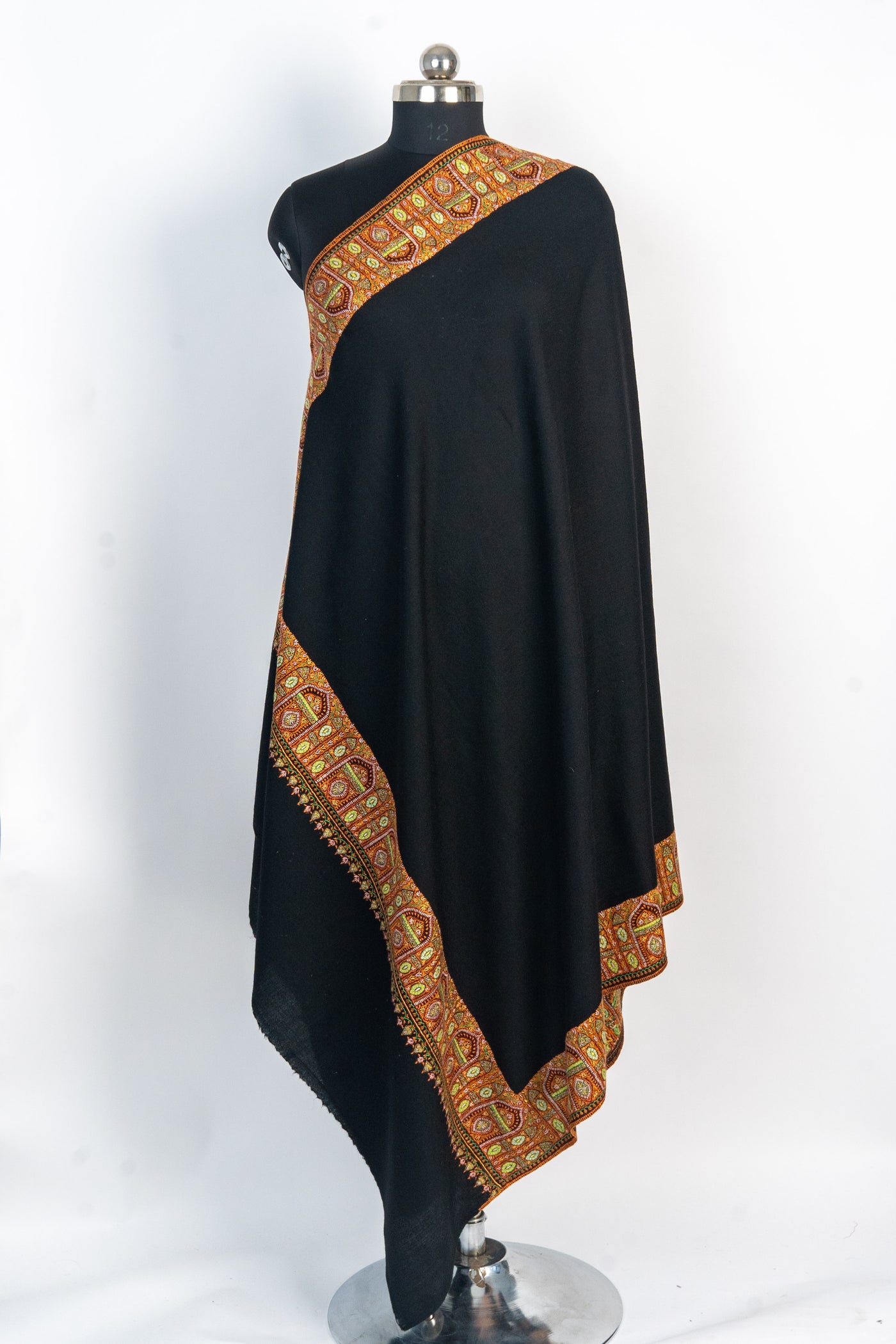 Midnight Flame: Hand-Embroidered Sozni Border Merino Wool Shawl in Black