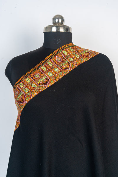 Midnight Flame: Hand-Embroidered Sozni Border Merino Wool Shawl in Black