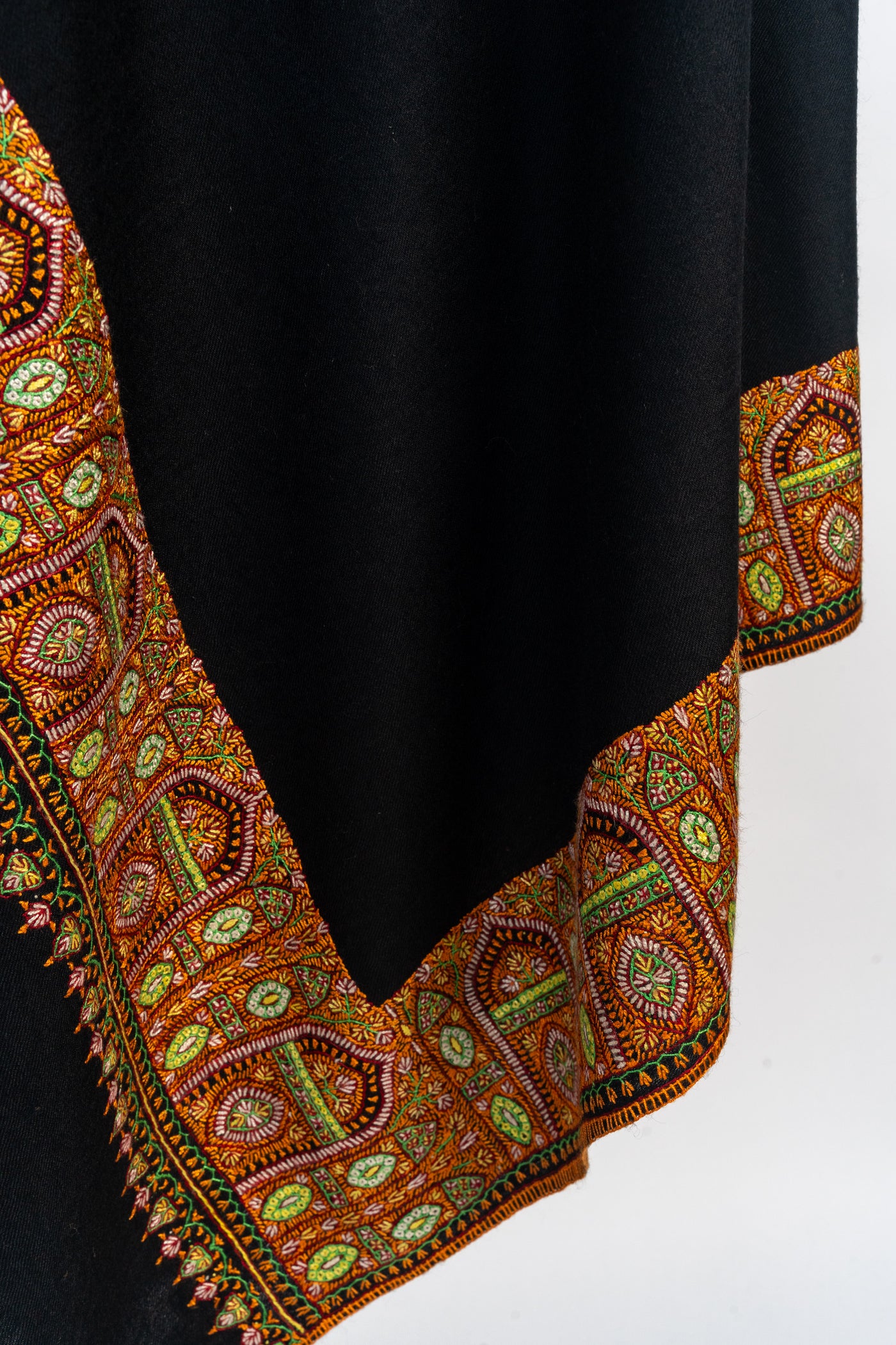 Midnight Flame: Hand-Embroidered Sozni Border Merino Wool Shawl in Black