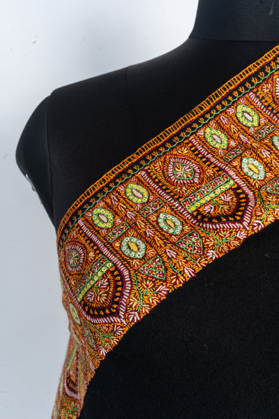 Midnight Flame: Hand-Embroidered Sozni Border Merino Wool Shawl in Black