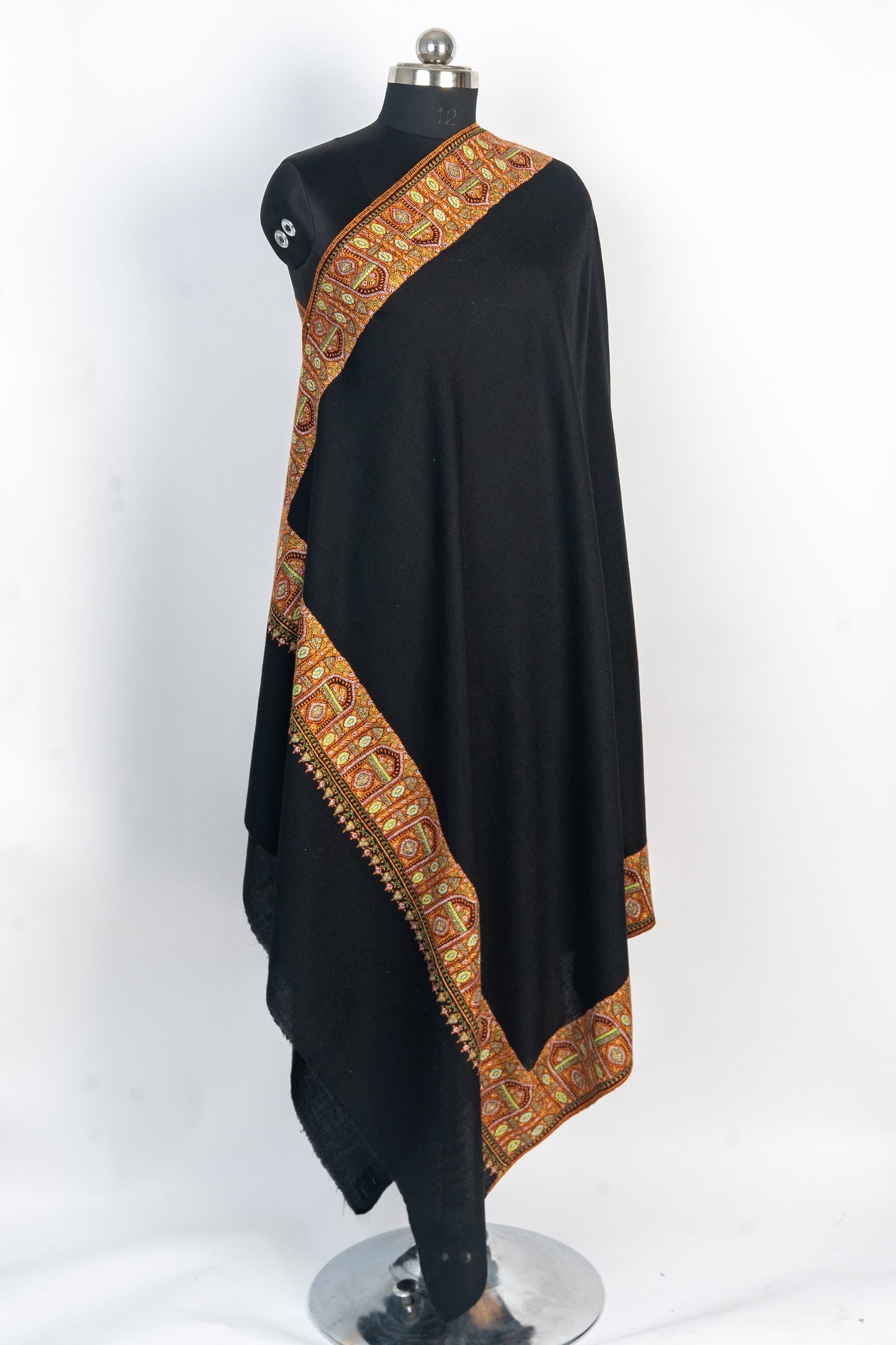 Midnight Flame: Hand-Embroidered Sozni Border Merino Wool Shawl in Black