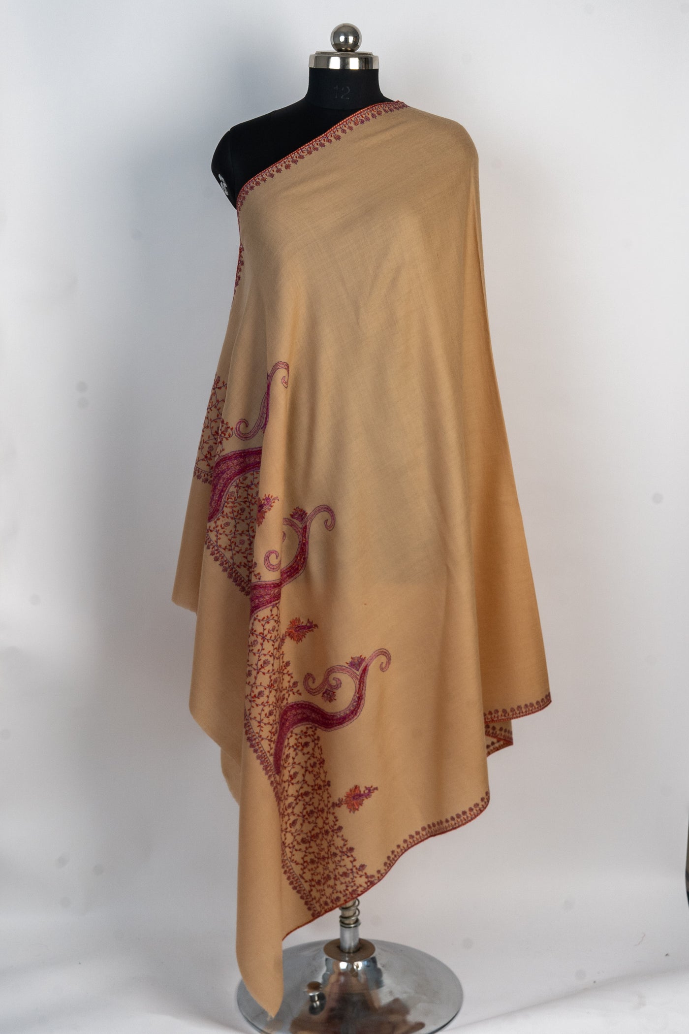 Blush Elegance: Hand-Embroidered Sozni Paisley Merino Wool Shawl in Soft Beige