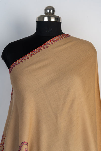 Blush Elegance: Hand-Embroidered Sozni Paisley Merino Wool Shawl in Soft Beige