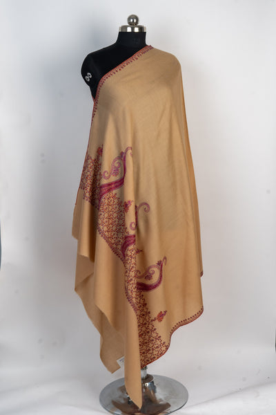 Blush Elegance: Hand-Embroidered Sozni Paisley Merino Wool Shawl in Soft Beige