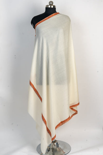 Ivory Grace: Hand-Embroidered Sozni Merino Wool Shawl with Border Design