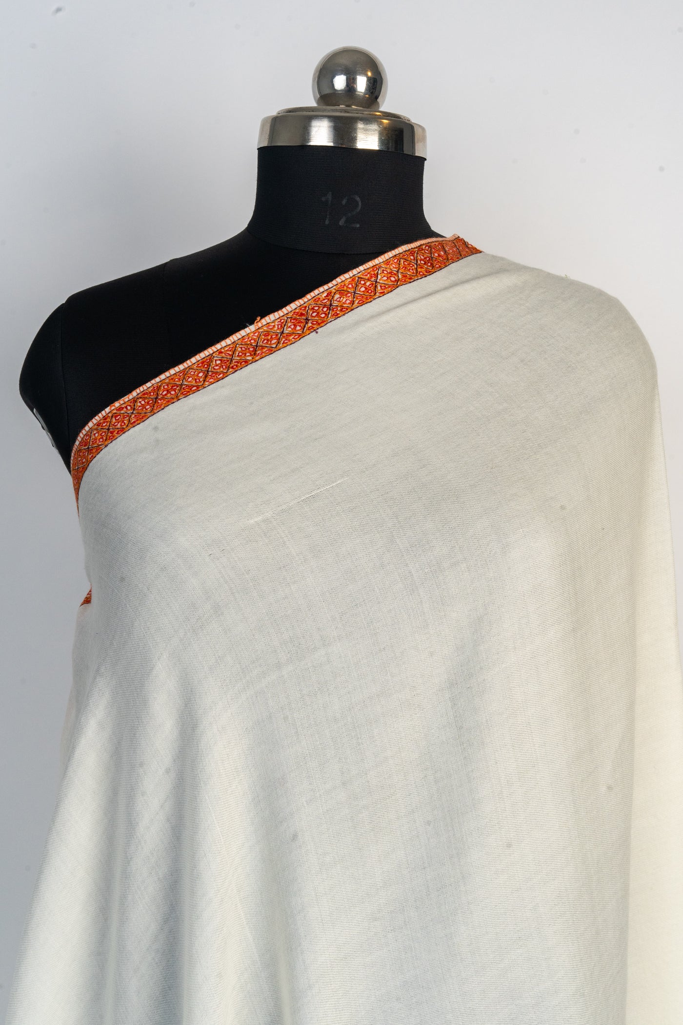 Ivory Grace: Hand-Embroidered Sozni Merino Wool Shawl with Border Design