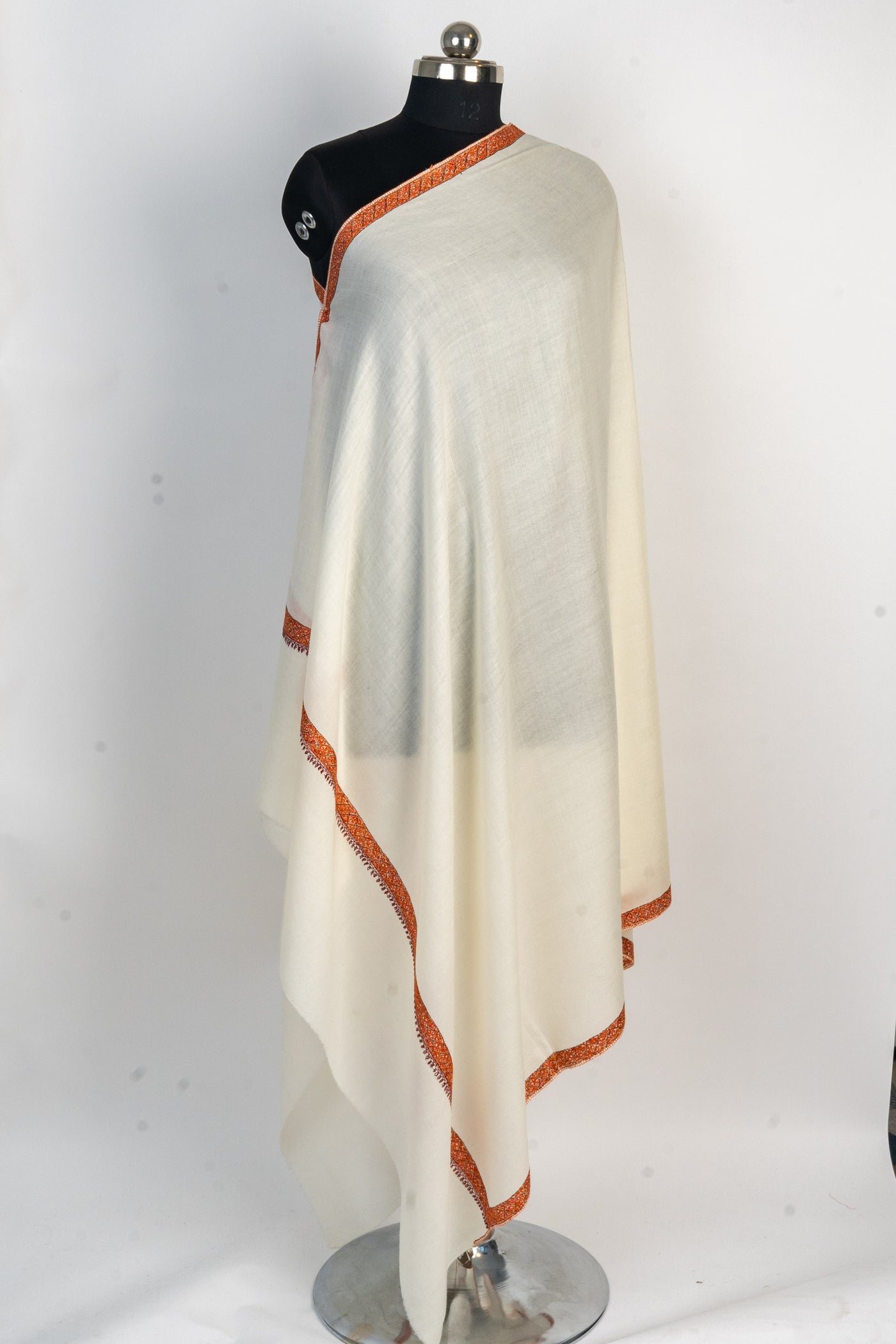 Ivory Grace: Hand-Embroidered Sozni Merino Wool Shawl with Border Design