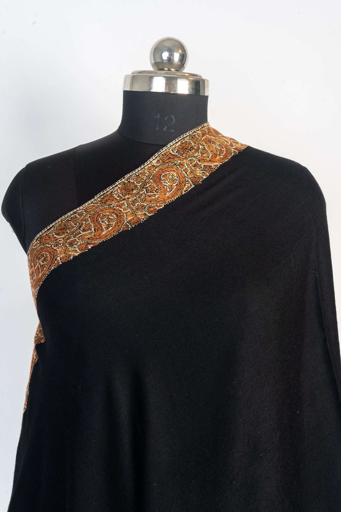 Midnight Amber: Hand-Embroidered Sozni Merino Wool Shawl