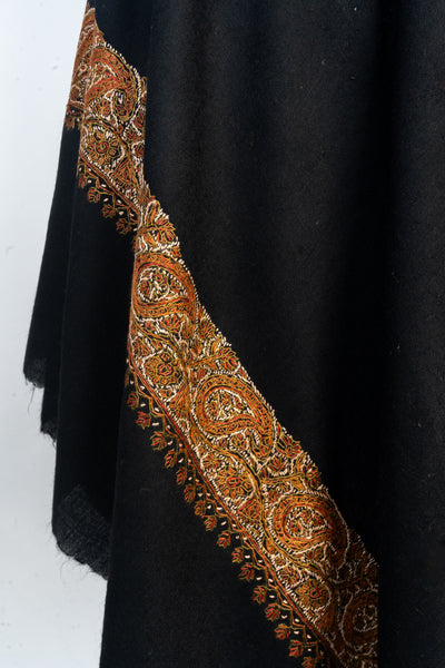 Midnight Amber: Hand-Embroidered Sozni Merino Wool Shawl