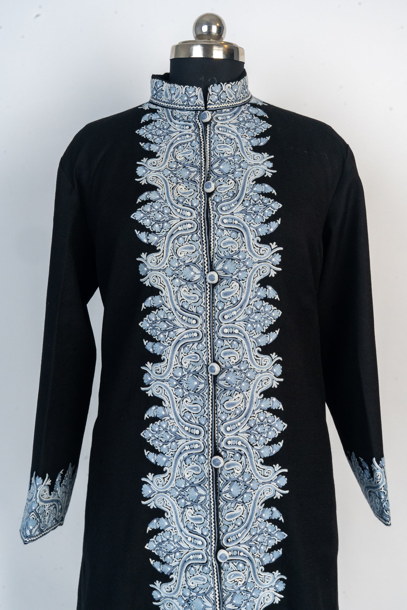 Majestic Midnight: Hand Aari Embroidered Merino Wool Jacket with Regal Blue Detailing