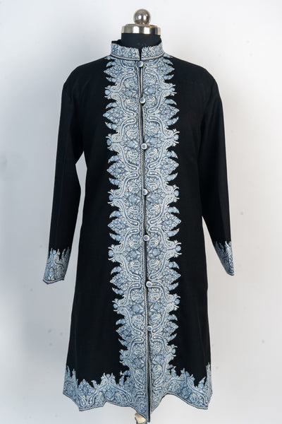 Majestic Midnight: Hand Aari Embroidered Merino Wool Jacket with Regal Blue Detailing