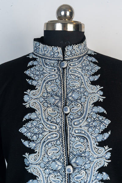 Majestic Midnight: Hand Aari Embroidered Merino Wool Jacket with Regal Blue Detailing