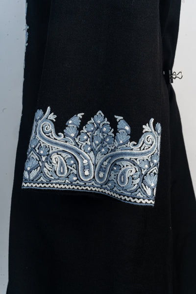 Majestic Midnight: Hand Aari Embroidered Merino Wool Jacket with Regal Blue Detailing