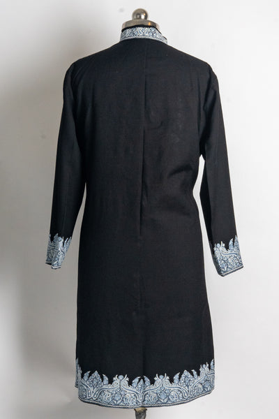 Majestic Midnight: Hand Aari Embroidered Merino Wool Jacket with Regal Blue Detailing