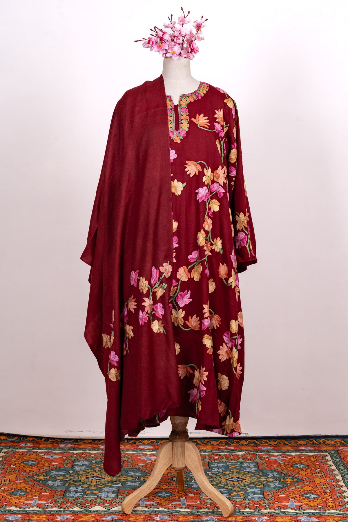 Crimson Bloom Aari Embroidered Abaya