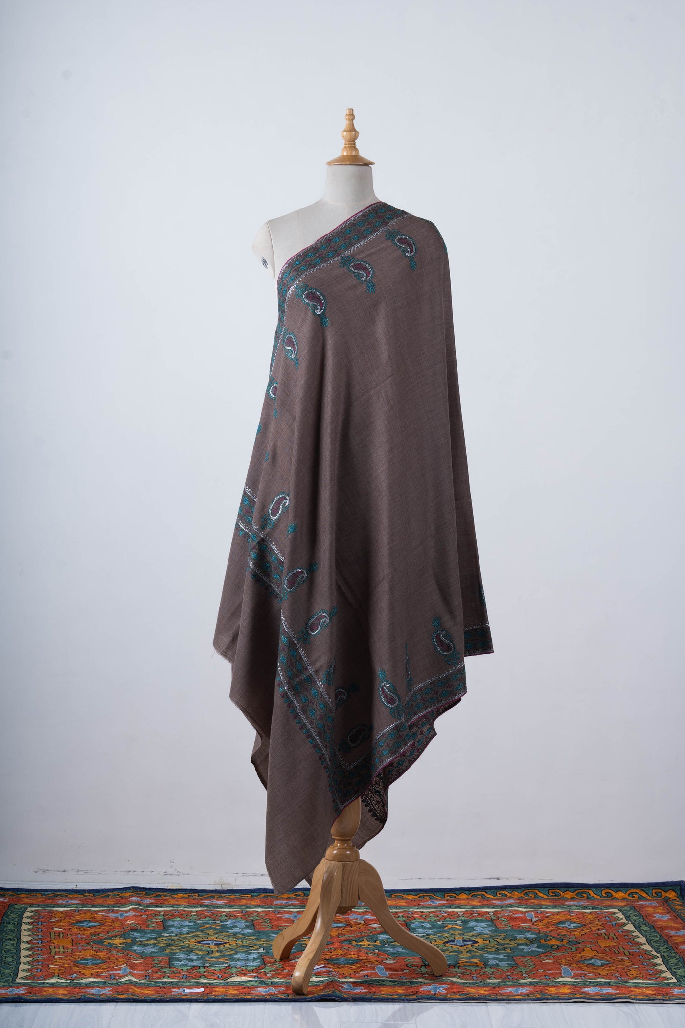 Tehzeeb Taupe Merino Wool with Hand Tilla & Sozni Hand Embroidery Shawl