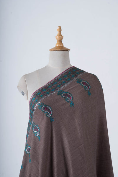 Tehzeeb Taupe Merino Wool with Hand Tilla & Sozni Hand Embroidery Shawl