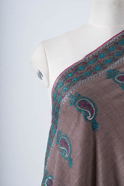 Tehzeeb Taupe Merino Wool with Hand Tilla & Sozni Hand Embroidery Shawl