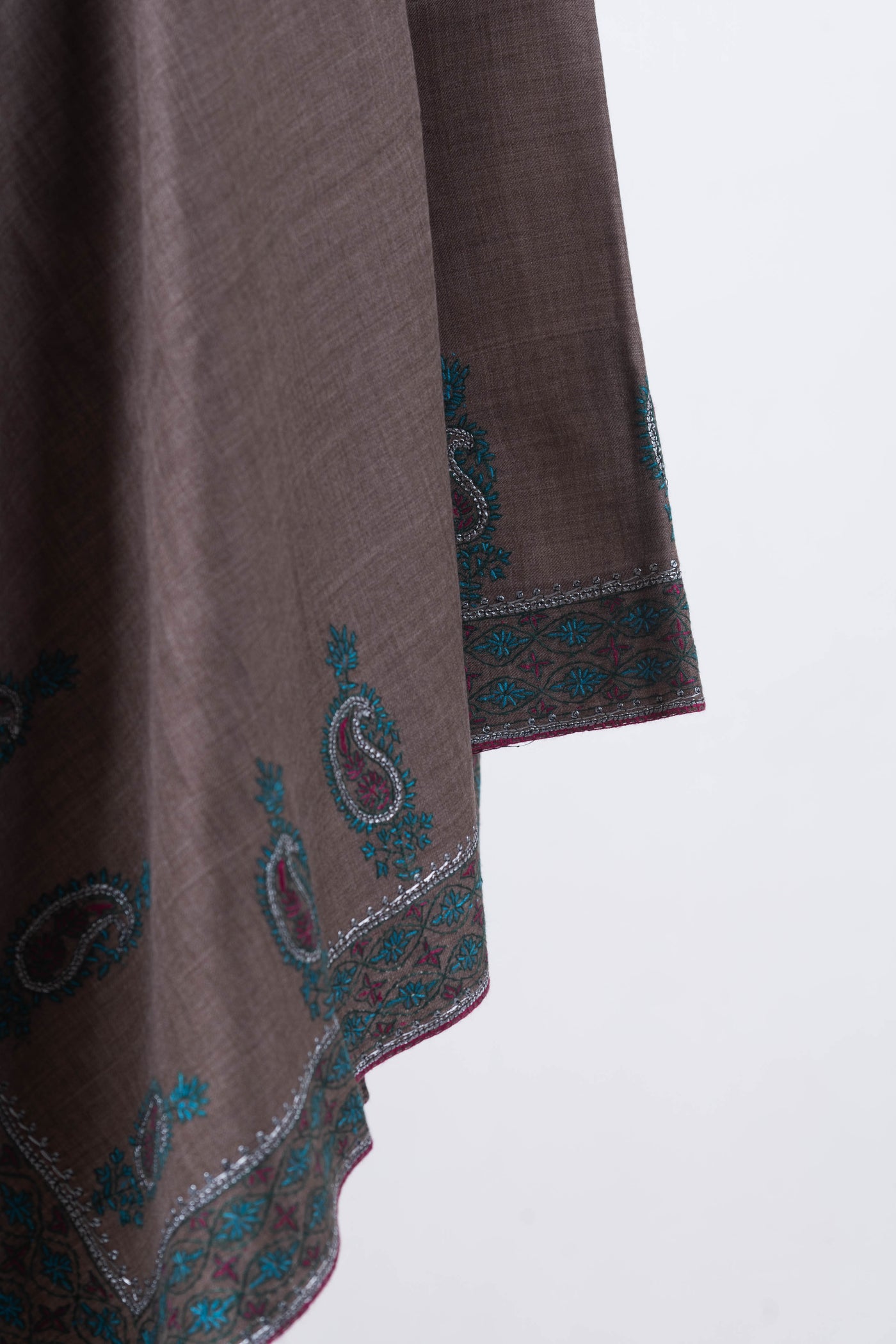 Tehzeeb Taupe Merino Wool with Hand Tilla & Sozni Hand Embroidery Shawl