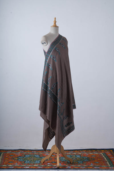 Tehzeeb Taupe Merino Wool with Hand Tilla & Sozni Hand Embroidery Shawl