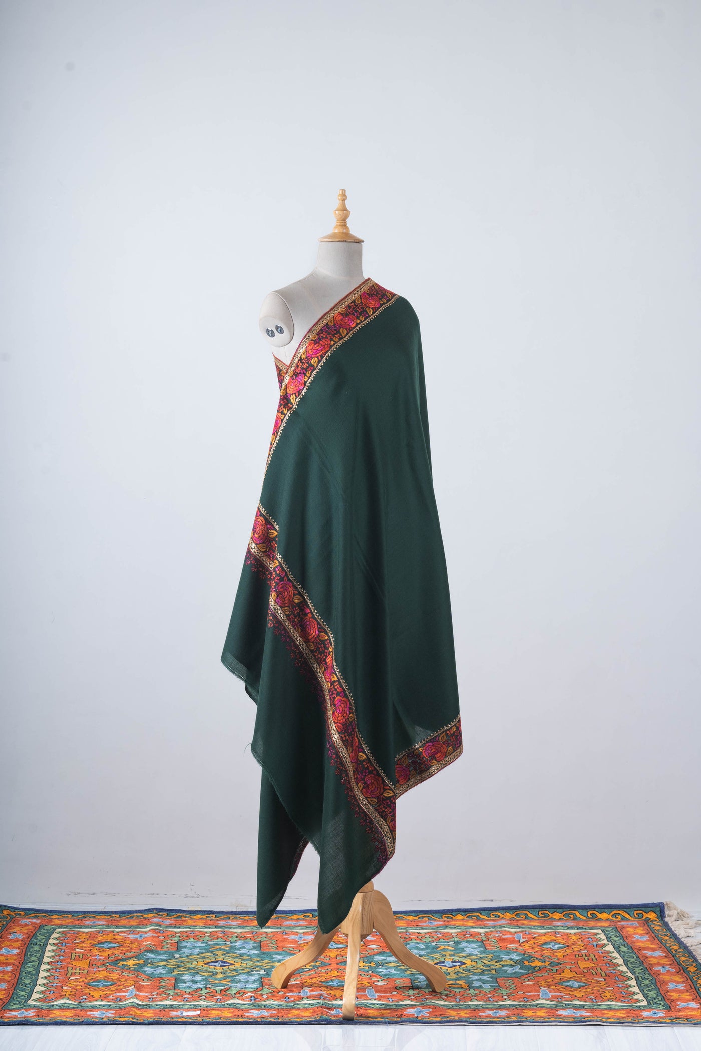 Zumar Emerald with Hand Tilla & Sozni Hand Embroidered Merino Wool Shawl