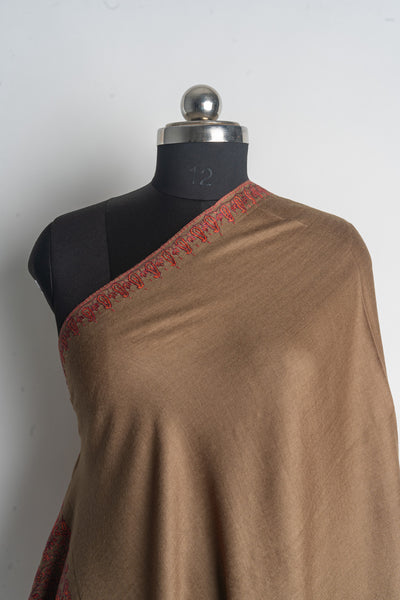 Exquisite Kashmiri Hand Embroidered Merino Wool Sozni Shawl in Earthy Tones