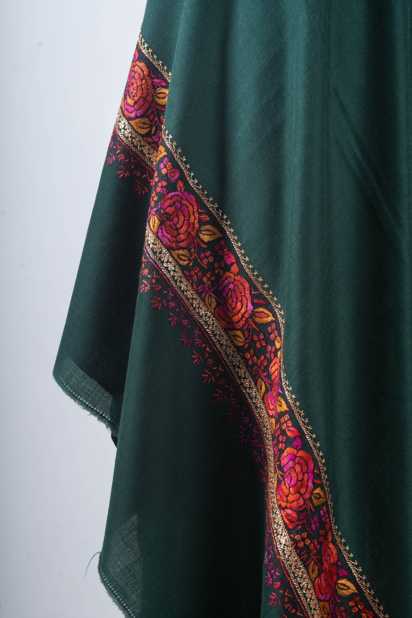 Zumar Emerald with Hand Tilla & Sozni Hand Embroidered Merino Wool Shawl