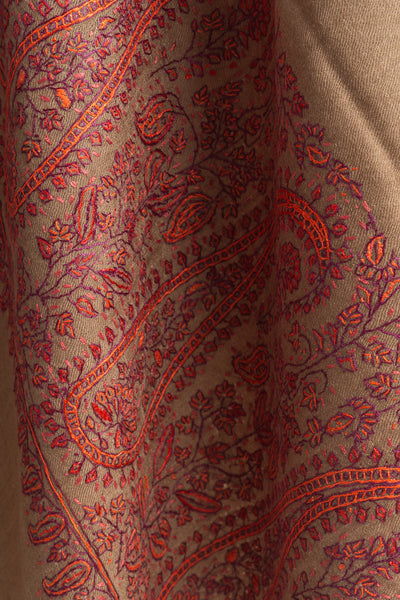 Exquisite Kashmiri Hand Embroidered Merino Wool Sozni Shawl in Earthy Tones