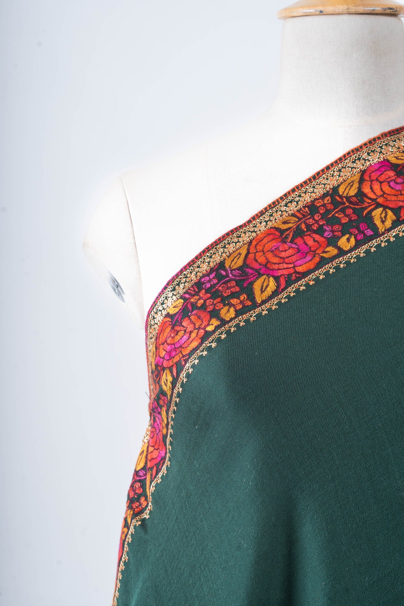 Zumar Emerald with Hand Tilla & Sozni Hand Embroidered Merino Wool Shawl