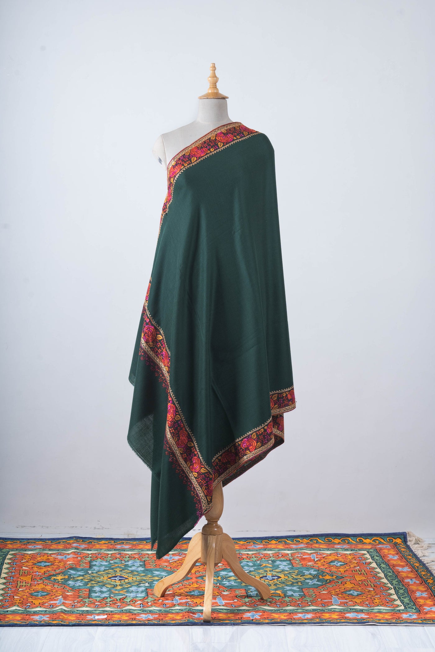 Zumar Emerald with Hand Tilla & Sozni Hand Embroidered Merino Wool Shawl