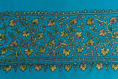 Vibrant Turquoise Kashmiri Hand Embroidered Merino Wool Sozni Shawl