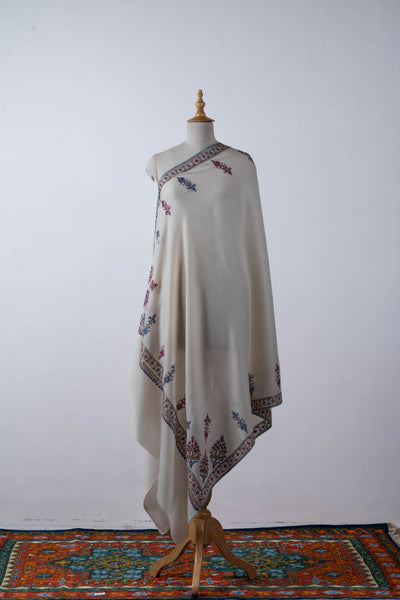 Nargis Ivory Merino Wool with Hand Tilla & Sozni Hand Embroidery Shawl