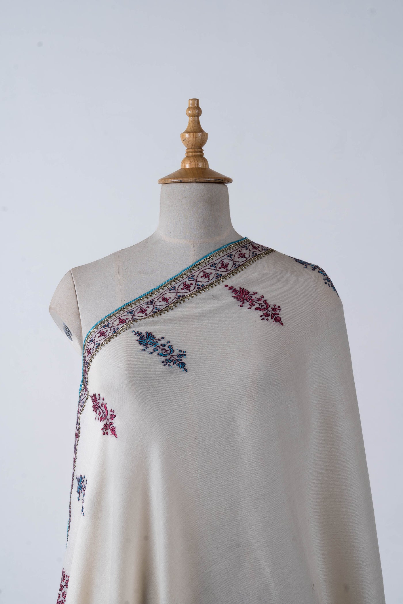 Nargis Ivory Merino Wool with Hand Tilla & Sozni Hand Embroidery Shawl