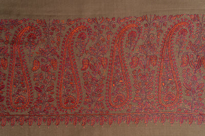 Exquisite Kashmiri Hand Embroidered Merino Wool Sozni Shawl in Earthy Tones