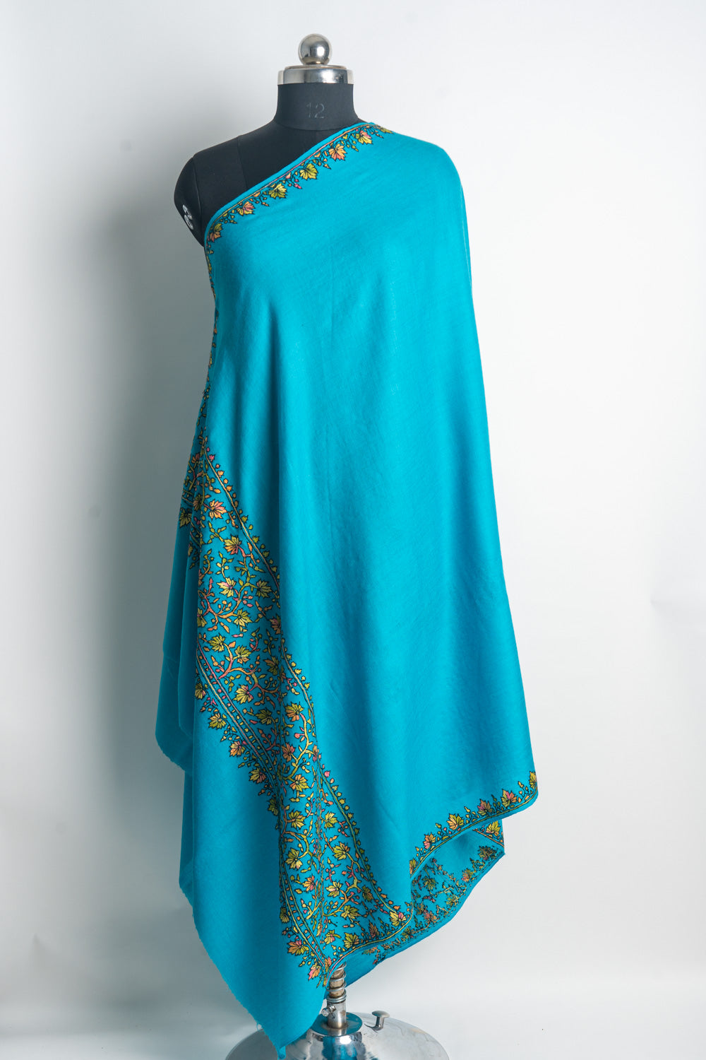 Vibrant Turquoise Kashmiri Hand Embroidered Merino Wool Sozni Shawl